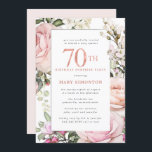 70th Birthday Surprise Party Blush Pink Floral Invitation<br><div class="desc">Honour a special woman with this elegant and feminine 70th Birthday Surprise Party invitation. 70th is written in large pink text. Birthday Surprise Party celebration follows. The honoured guest's name is also in pink capital letters. The remainder of the text is soft dove grey. The birthday celebration details are surrounded...</div>