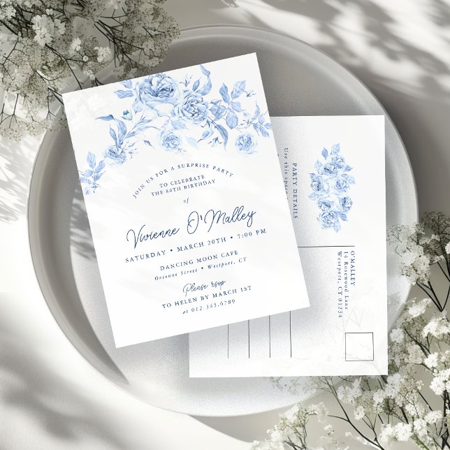 70th Birthday Surprise Party Dusty Blue Floral Invitation Postcard (Creator Uploaded)