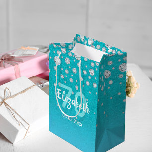 70th birthday teal blue green name diamonds medium gift bag