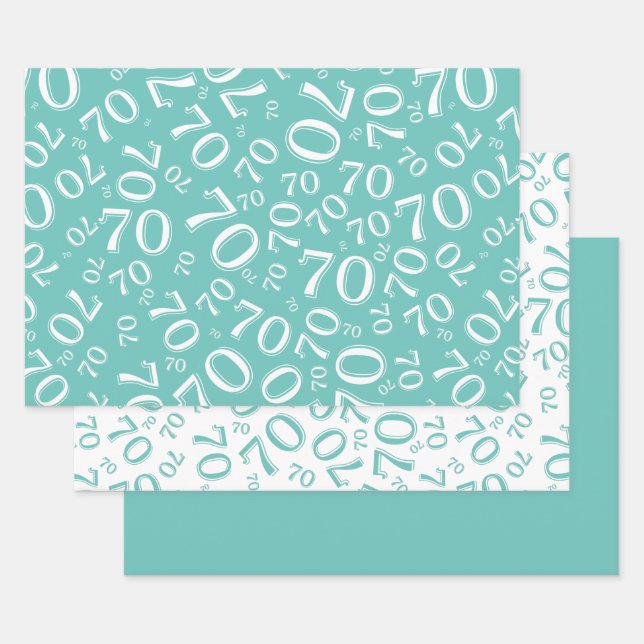 70th Birthday Teal & White Number Pattern 70 Wrapping Paper Sheet (Set)