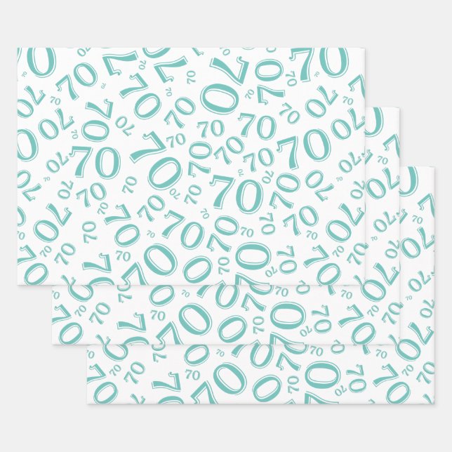 70th Birthday Teal & White Number Pattern 70 Wrapping Paper Sheet (Set)