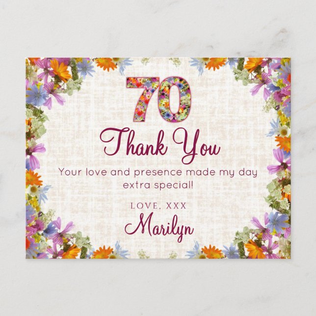 70th Birthday Thank You – Elegant Floral Design Postcard (Front)
