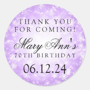 70th Birthday Thank You Purple Winter Wonderland Classic Round Sticker