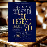 70th Birthday The Man The Myth The Legend Photo Invitation<br><div class="desc">His life has been a great adventure! This fabulous navy blue men's 70th birthday party photo invitation that says "The Man The Myth The Legend" in a classic font in silver and gold would be perfect for asking people to join you as you celebrate the man in your life's 70th...</div>