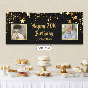 70th Birthday Then & Now Photos Black Gold Stars Banner