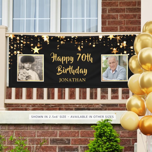 70th Birthday Then & Now Photos Black Gold Stars Banner (Creator Uploaded)