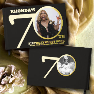 70th birthday two photos black gold guest book
