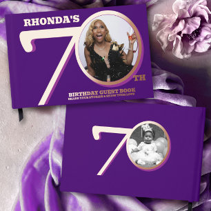 70th birthday two photos purple rose gold guest book