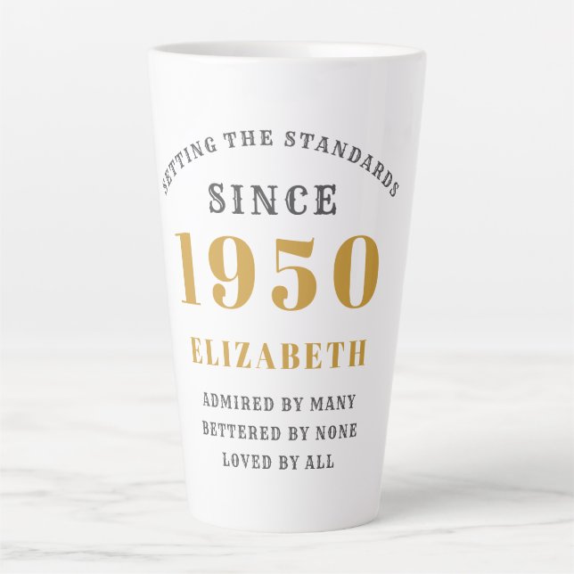 70th Birthday Typography Born 1950 Add Your Name Latte Mug (Front)