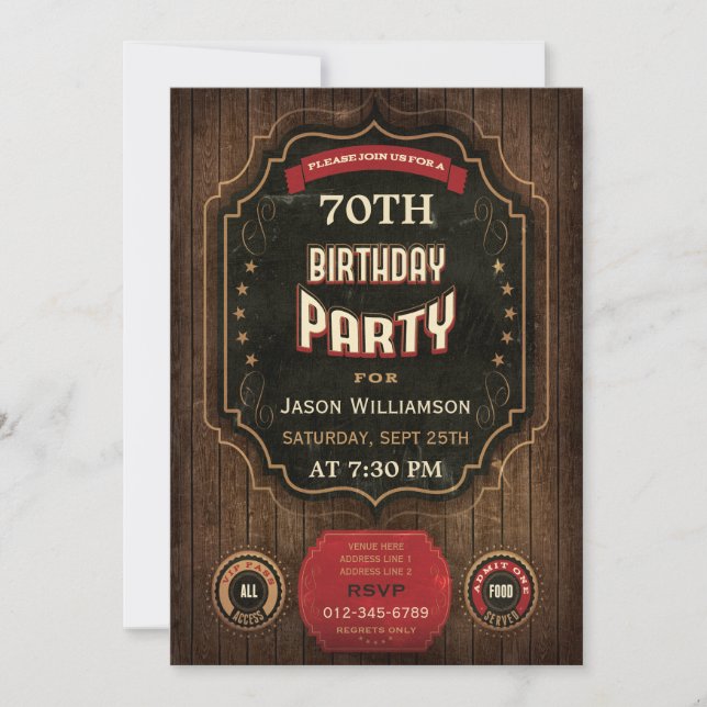 70th Birthday Vintage Chalkboard & Wood Invitation (Front)