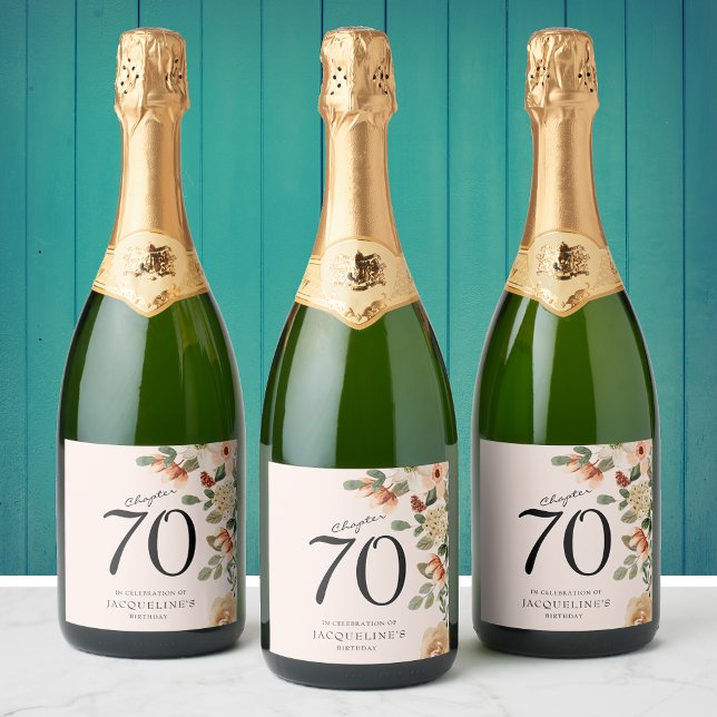 70th Birthday Vintage Floral Sparkling Wine Label (Celebrate the big 7-0 with these custom floral champagne labels. Easily personalized template.)