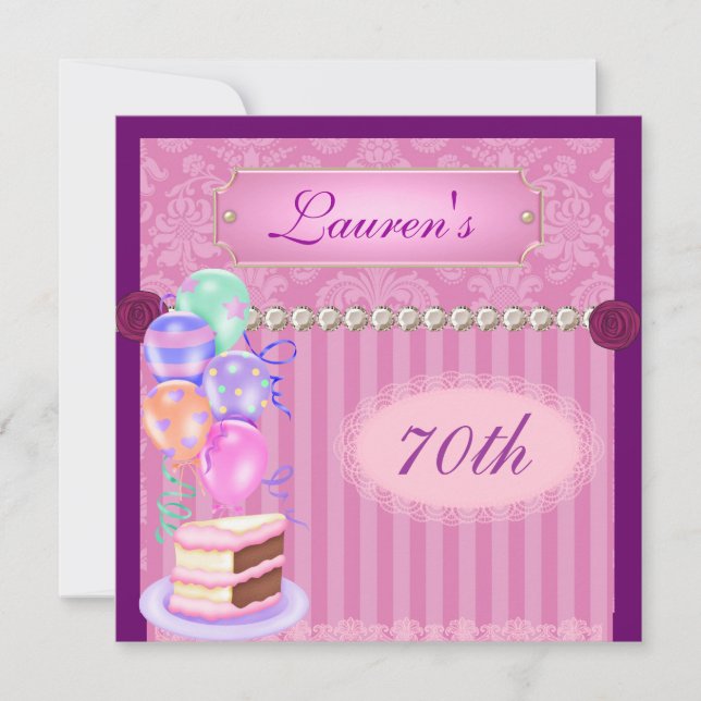70TH BIRTHDAY Vintage Pink Damask  Invitation (Front)