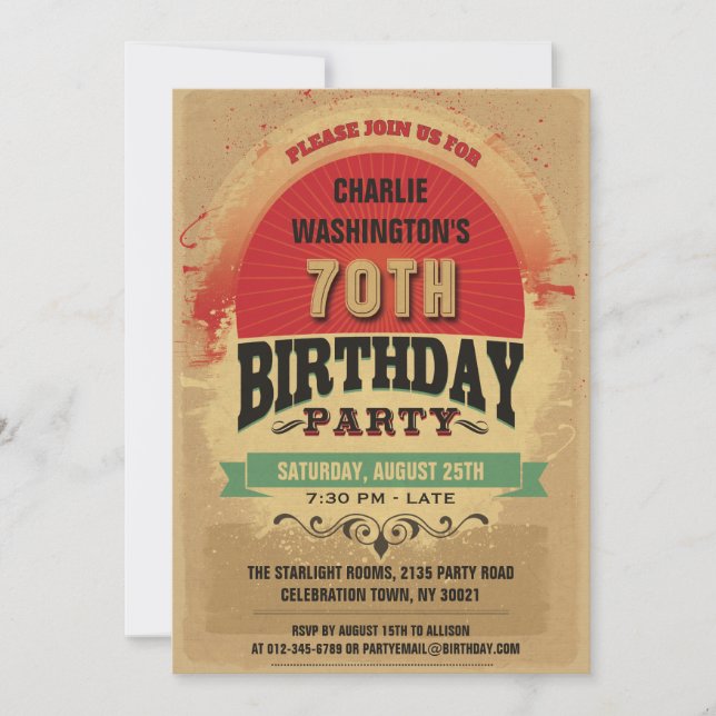 70th Birthday Vintage Typography Grunge Invitation (Front)
