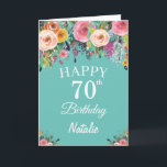 70th Birthday Watercolor Floral Flowers Teal Card<br><div class="desc">70th Birthday Watercolor Floral Flowers Teal Card with personalised name and age. For further customisation,  please click the "Customise it" button and use our design tool to modify this template.</div>