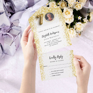 70th birthday white gold photo party RSVP All In One Invitation