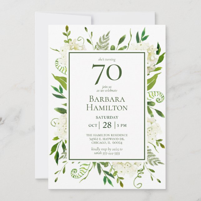 70th Birthday White Hydrangeas Invitation (Front)