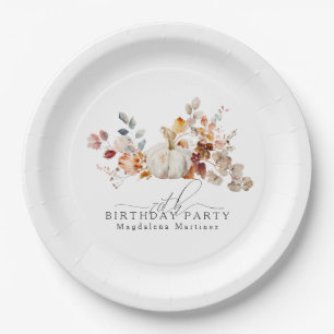 70th Birthday White Pumpkin Fall Flowers Custom Paper Plate