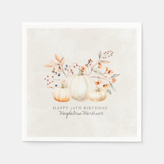 70th Birthday White Pumpkin Fall Leaves Custom Napkin (Front)