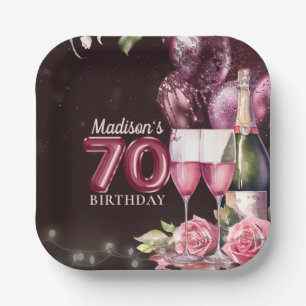 70th Birthday Wine & Balloons Personalised Paper Plate
