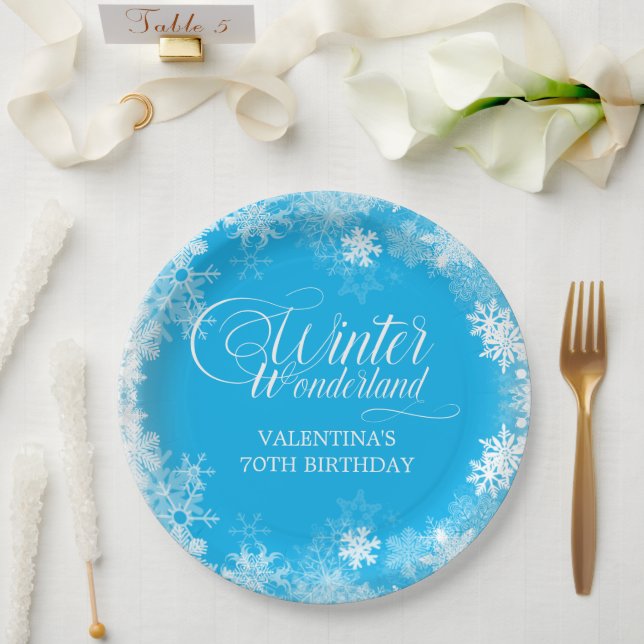 70th Birthday Winter Wonderland Snowflake Blue Paper Plate (Wedding)