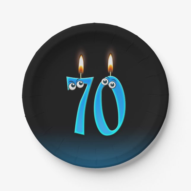 70th Birthday with lit candle numbers Paper Plate (Front)