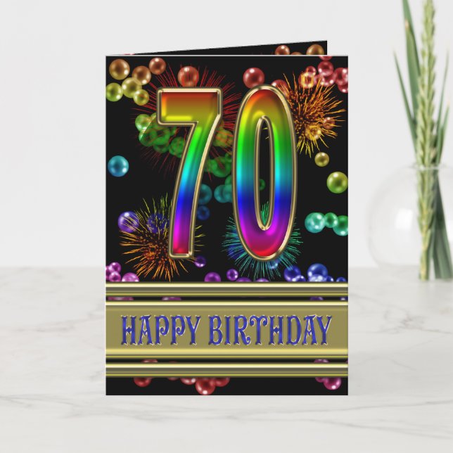 70th Birthday with rainbow bubbles and fireworks Card (Front)