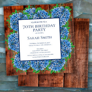 70th Birthday Wood Blue Hydrangeas Rustic Party Invitation