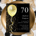 70th | Black & Gold Birthday Budget Invitation<br><div class="desc">Celebrate your special day in style with our black and gold glitter balloon birthday invitation! This affordable customisable paper invitation features a sleek black background with an eye-catching gold balloon and a cascade of gold glitter, creating a sophisticated and festive design that will make your guests feel excited to attend...</div>