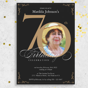 70th Black Gold Elegant Calligraphy Photo Birthday Invitation