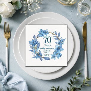 70th Blue Floral Platinum Wedding Anniversary Napkin