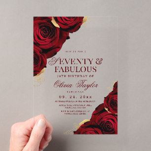 70th Burgundy Red Roses Birthday Acrylic Invitations