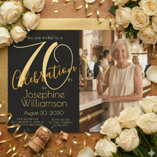 70th Celebration Photo Black Gold 70th Birthday Invitation