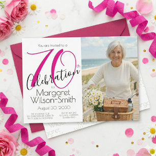 70th Celebration Photo Pink Black 70th Birthday Invitation