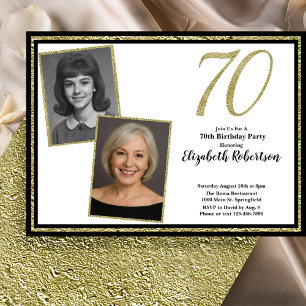 70th Custom 2 Photo White Black and Gold Invitation