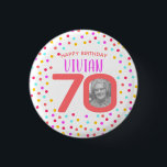70th custom photo colourful coral confetti 3 cm round badge<br><div class="desc">Bright colourful confetti random dots birthday 70th surprise party button. In bright living coral, hot pink, golden yellow and aqua blue green. Add your own birthday girl's photo in the centre of the 0 in 70 and customise with your own seventieth birthday girls name. Other matching items and milestone birthday...</div>