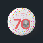70th custom photo colourful coral confetti 3 cm round badge<br><div class="desc">Bright colourful confetti random dots birthday 70th surprise party button. In bright living coral, hot pink, golden yellow and aqua blue green. Add your own birthday girl's photo in the centre of the 0 in 70 and customise with your own seventieth birthday girls name. Other matching items and milestone birthday...</div>