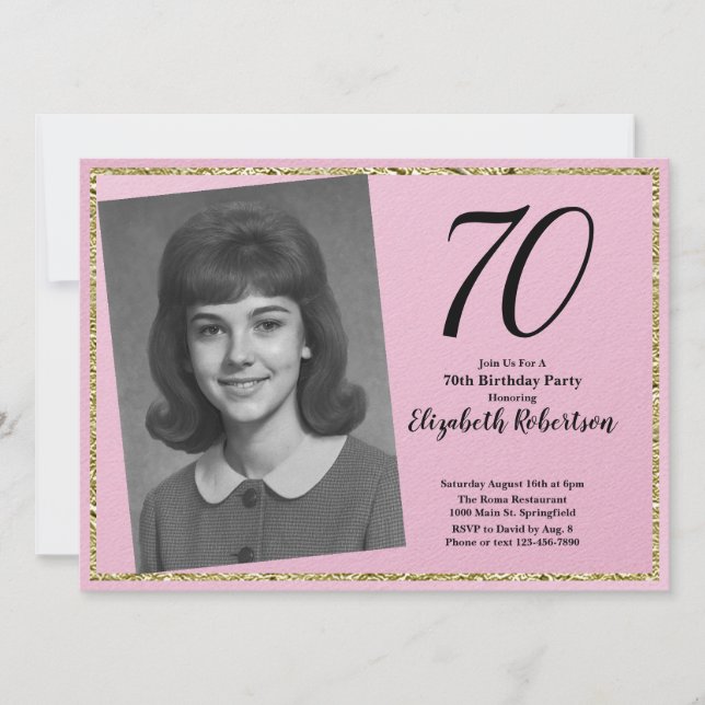 70th Custom Photo Pink and Gold  Invitation (Front)