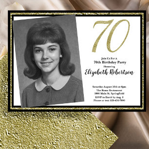 70th Custom Photo White Black and Gold  Invitation