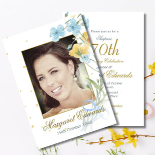 70th Floral Gold Elegant Photo Birthday Invitation
