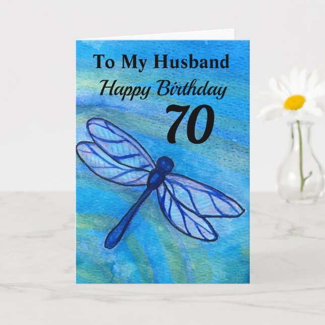 70th For My Husband Blue Dragonfly Birthday Card (Small Plant)