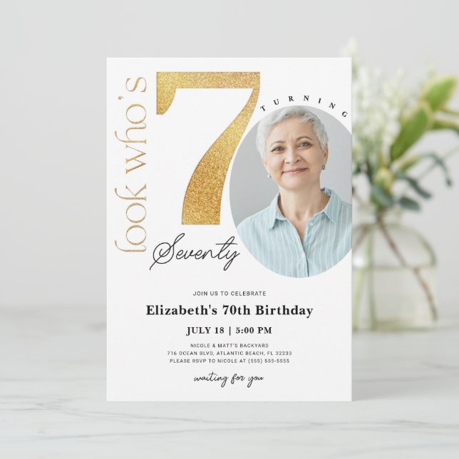 70th Gold Birthday Invitation with Photo (Standing Front)