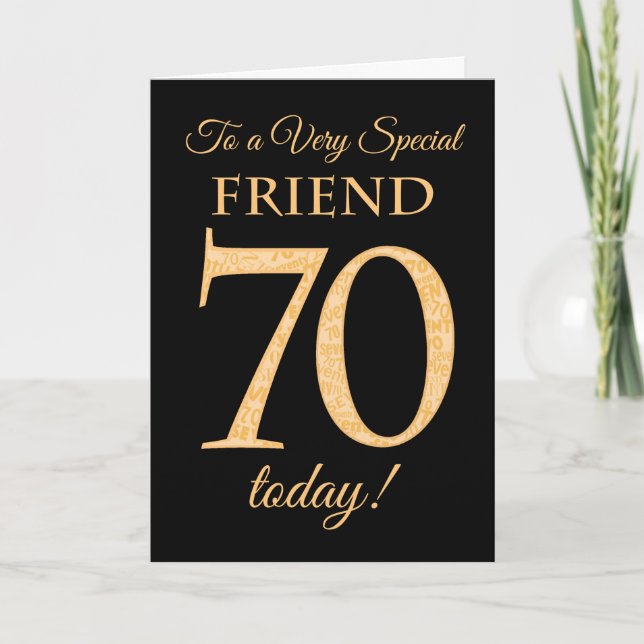 70th Gold-effect on Black, for Friend Birthday Card (Front)