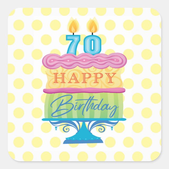 70th Happy Birthday Cake Yellow Dots Square Sticker (Front)