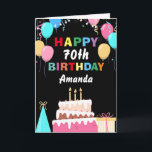 70th Happy Birthday Colourful Balloons Cake Black Card<br><div class="desc">70th Happy Birt5hday Colourful Balloons Cake Black with personalised name. For further customisation,  please click the "Customise it" button and use our design tool to modify this template.</div>