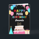 70th Happy Birthday Colourful Balloons Cake Black Card<br><div class="desc">70th Happy Birt5hday Colourful Balloons Cake Black with personalised name. For further customisation,  please click the "Customise it" button and use our design tool to modify this template.</div>