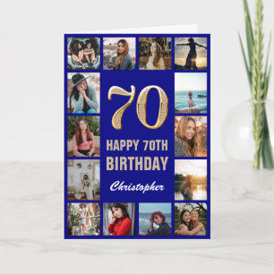 70th Happy Birthday Navy Blue & Gold Photo Collage Card
