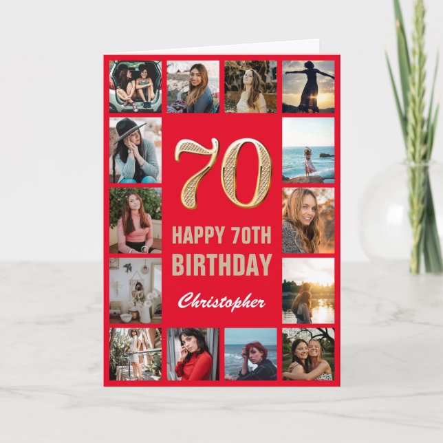 70th Happy Birthday Red and Gold Photo Collage Card (Front)