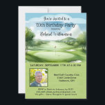 70th Men's Birthday Party Photo Golf  Invitation<br><div class="desc">This festive and colourful 70th Birthday Party Invitation has a Golf theme and it's perfect for a Golfer. It features a Golf Cart with Golf Clubs on a Golf Course, Much to personalise to make appropriate for your own event as well as a photo. We have all the ingredients to...</div>