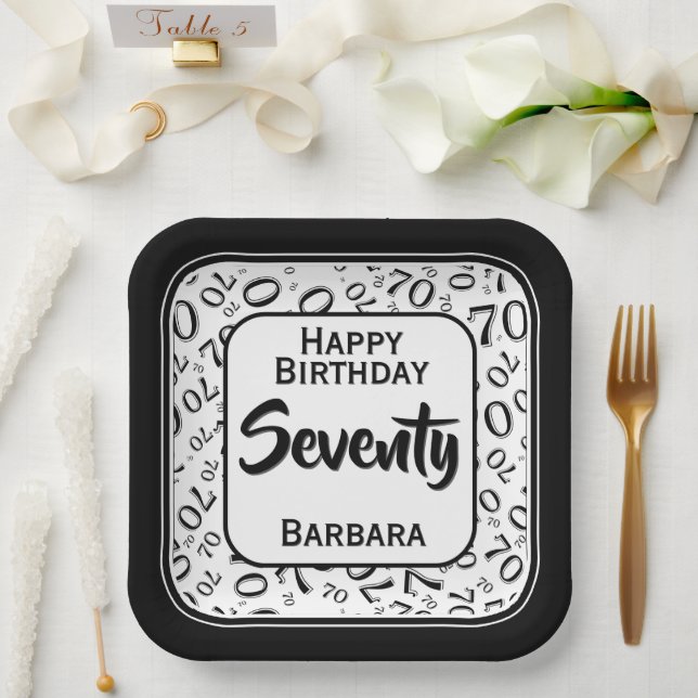 70th Party Random Number Pattern Black/White Paper Plate (Wedding)