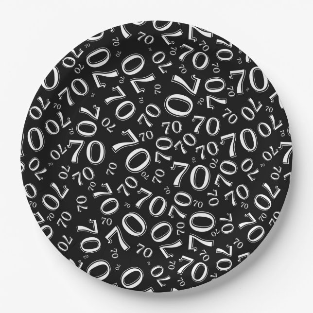 70th Party Random Number Pattern Black/White Paper Plate (Front)